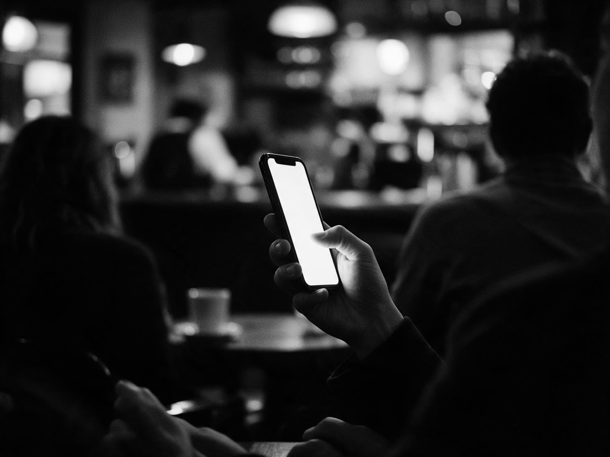 A hand holding a phone with a glowing white screen in a dim cafe