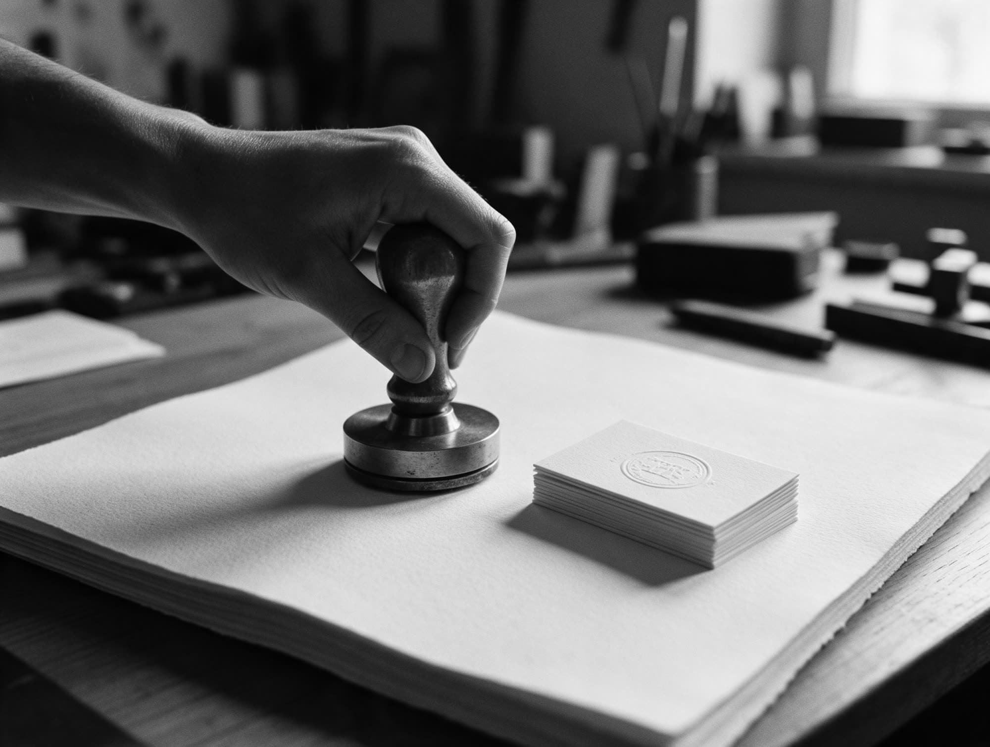 A hand pressing a brass embossing seal into a stack of cotton paper, with a pile of embossed cards beside it