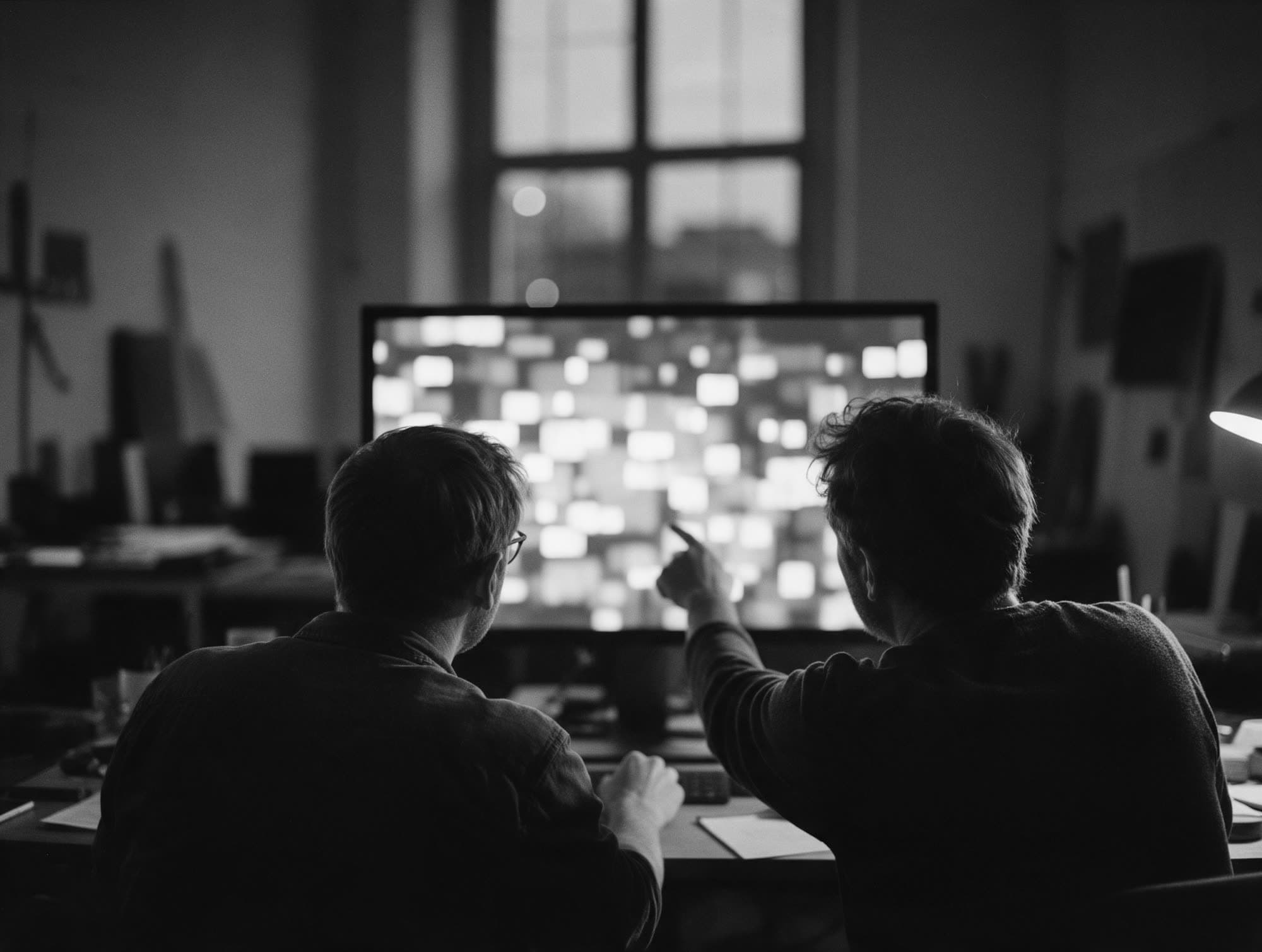 Two developers seen from behind at a shared desk in the evening, one pointing at a large monitor, with a tall window behind it
