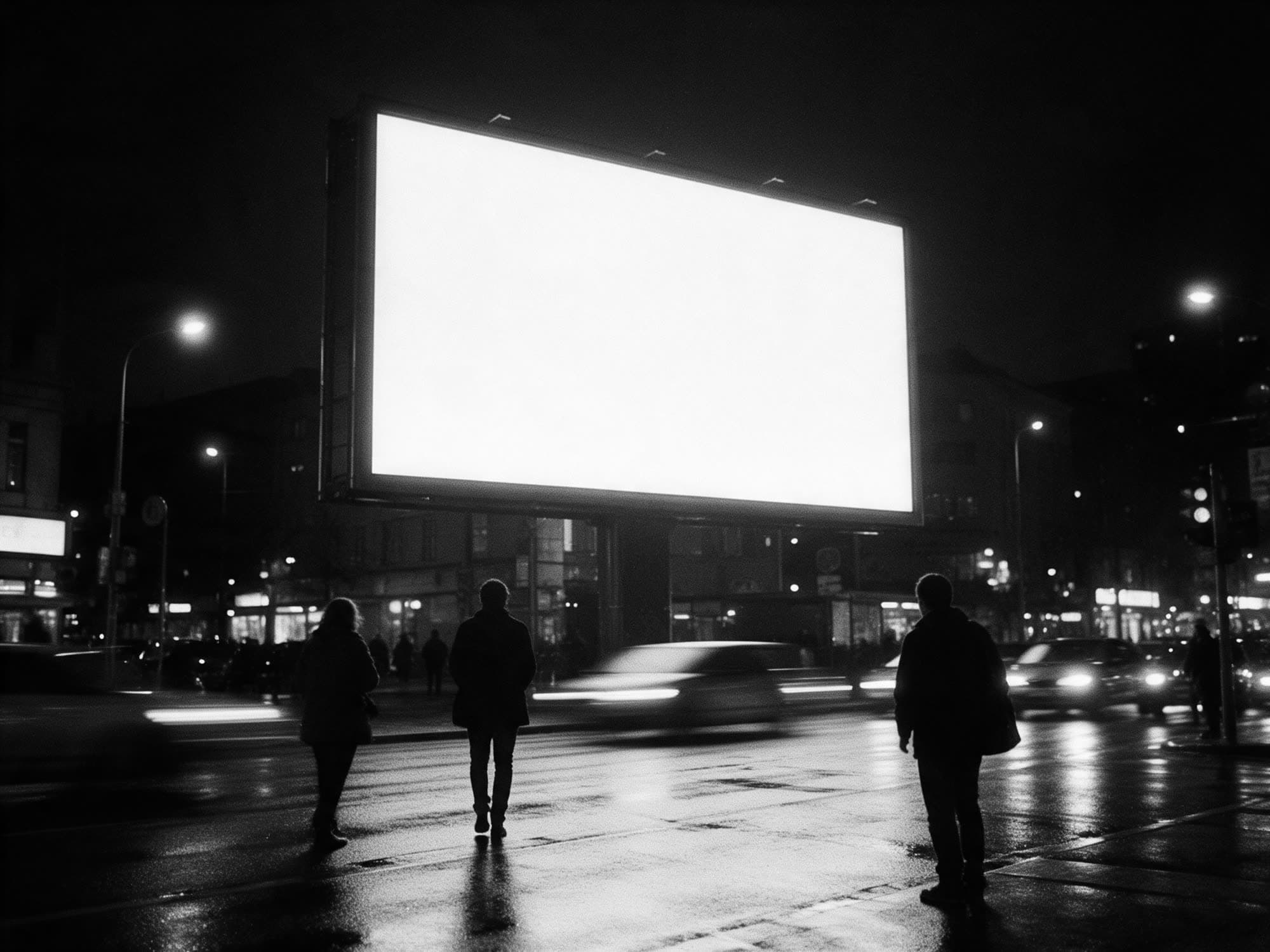 A blank lit billboard above a wet city street at night, with people walking below it
